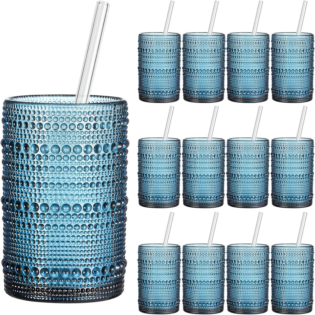 Vintage Hobnail Drinking Glasses Set of 12, 15oz Textured Tumblers - Embossed Blue Bar Glasses for Cocktails, Beer, Whiskey, Dishwasher-Safe Highball Cups for Kitchen, Juice & Mixed Drinks