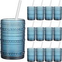 Vintage Hobnail Drinking Glasses Set of 12, 15oz Textured Tumblers - Embossed Blue Bar Glasses for Cocktails, Beer, Whiskey, Dishwasher-Safe Highball Cups for Kitchen, Juice & Mixed Drinks
