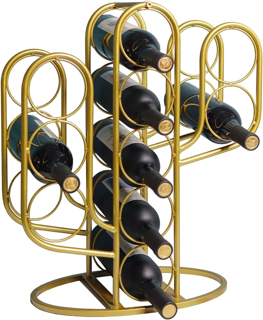 10 Bottles Wine Rack, Decorative Metal Cactus Wine Holder Storage for Countertop, Desktop Wine Bottle Display Rack for Home, Kitchen, Bar, Cellar (Golden)