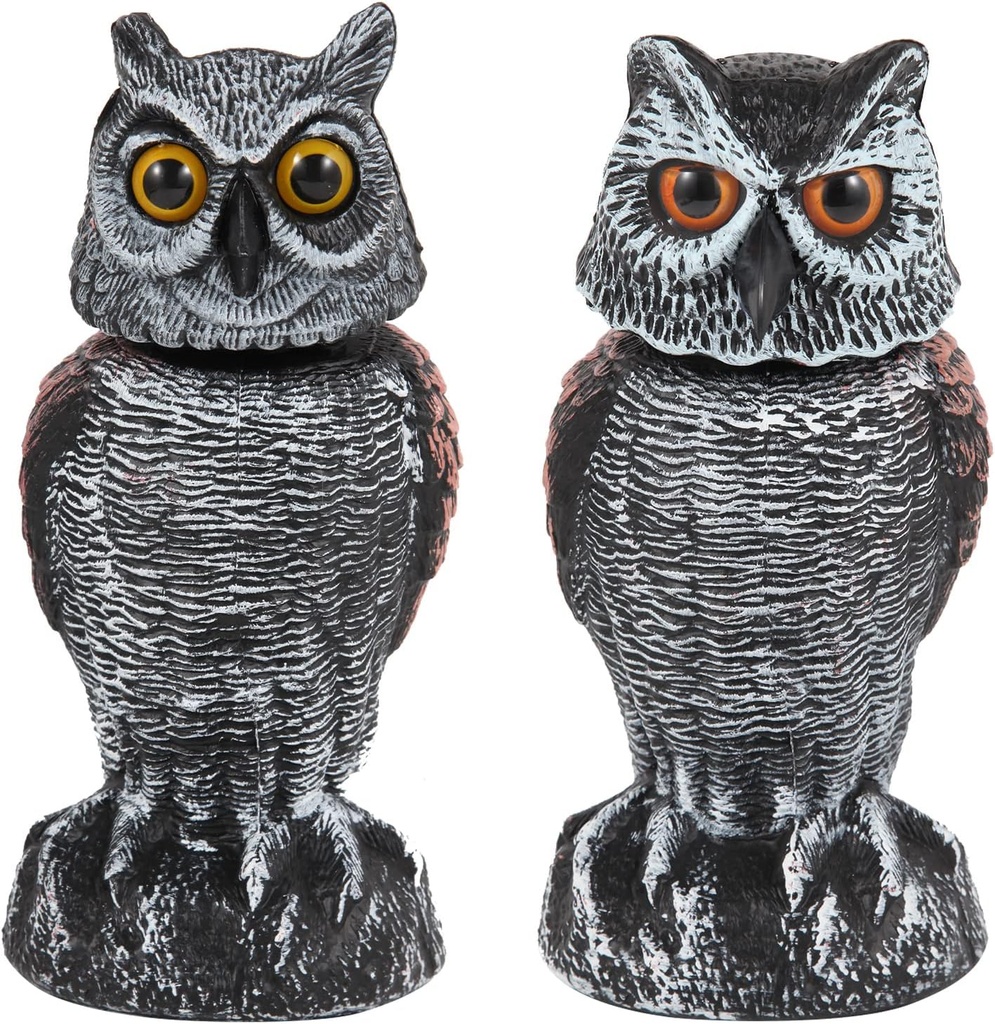 Hedoc 2 Pack Fake Owl Decoys to Scare Birds Away, Rotating Head Bird Deterrents, Nature Enemy Scarecrow Plastic Statues, Pest Repellent for Gardens and Patios