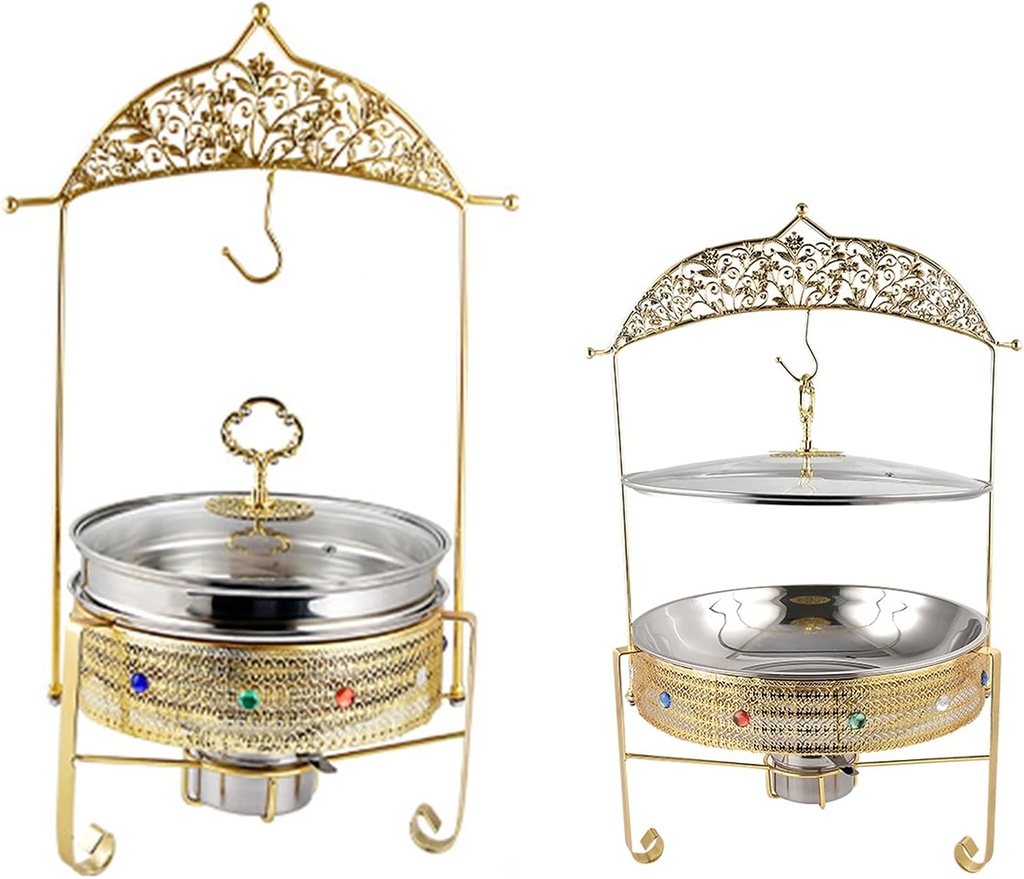 Buffet Hot Pot Warming Utensil Set - Hangable Lid Buffet Stove, Stainless Steel Buffet Frying Pan Tray, Food Warming Buffet Crock Pot with Fuel Rack, Buffet Utensils and Warming (Size:3.5L,Color:Gold)