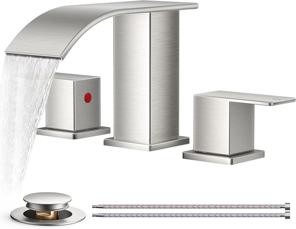 FORIOUS Waterfall Bathroom Faucets 3 Hole, 8 Inch Widespread Brushed Nickel Square Bathroom Sink Faucet with Metal Pop-up Drain and cUPC Hose, Two Handles for Vanity, RV, Farmhouse