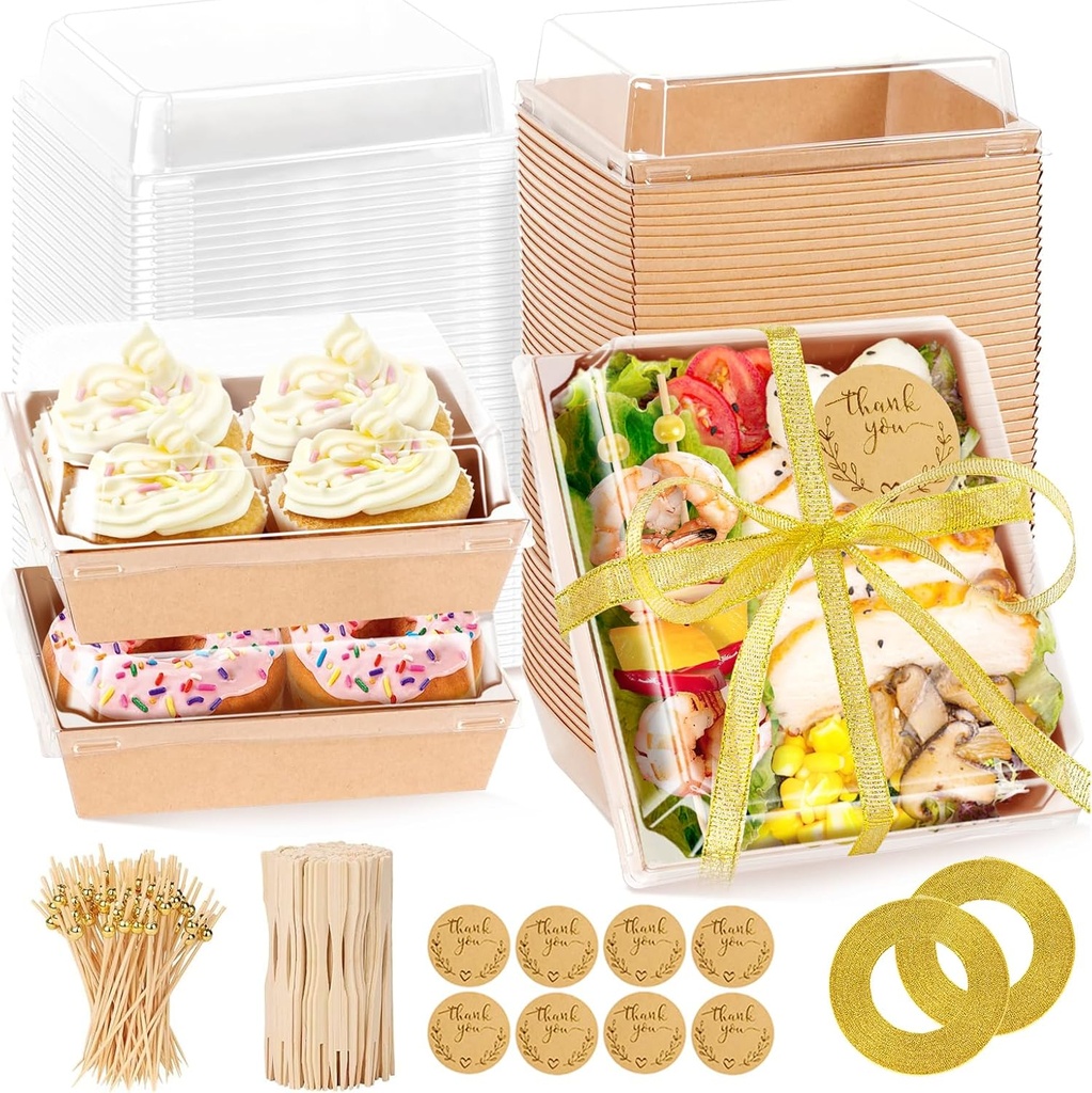 100 Pack Charcuterie Boxes with Clear Lids, 5.5 Inch Mini To Go Charcuterie Food Containers+200 Cocktail Picks+100 Lables, 504 Pcs Disposable Paper Dessert Boxes for Salads,Dessert Cake