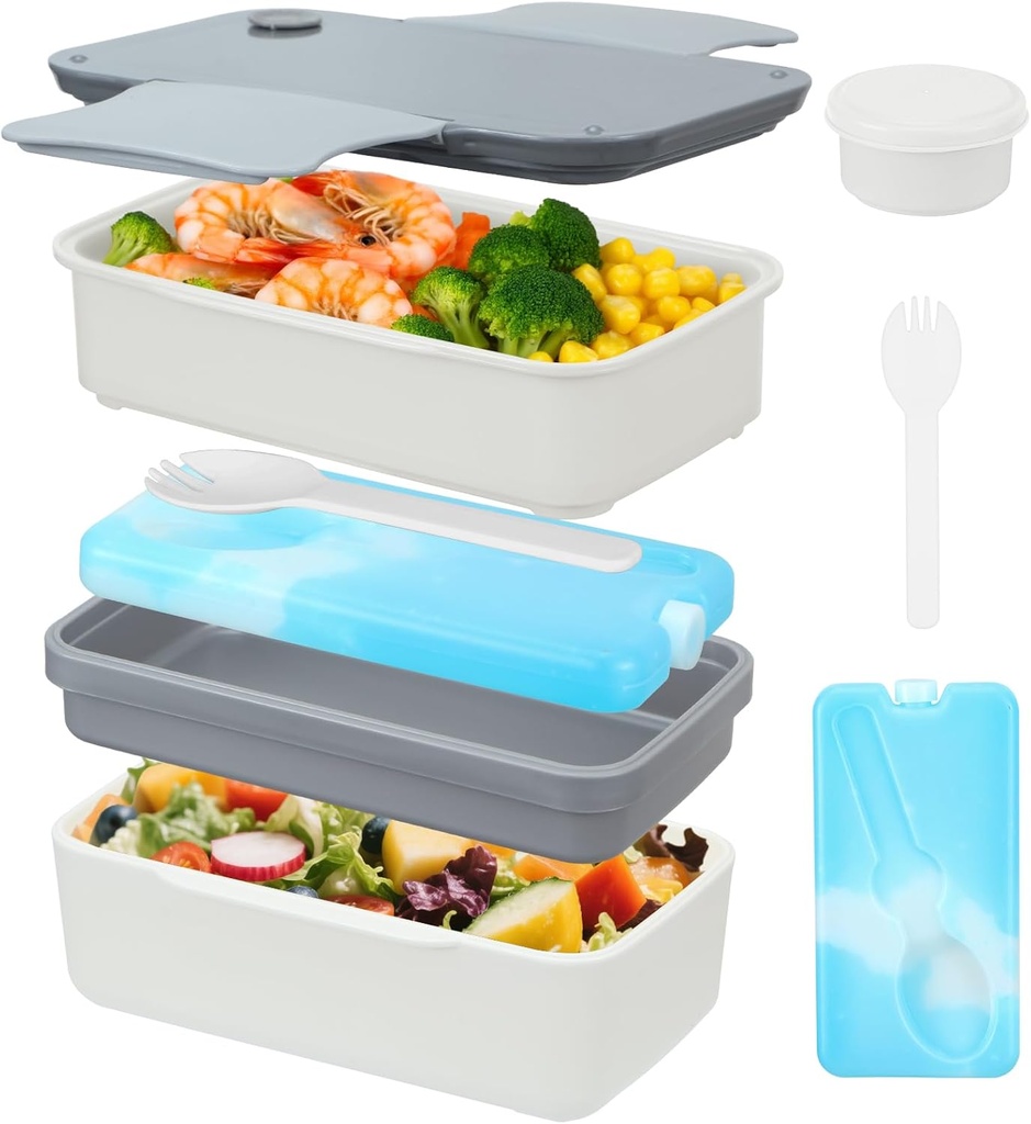 Bento Lunch Box Adult, 3 Stackable Lunch Containers for Adult Kids Men Women, Leak-Proof Built-in Utensil Set Reusable Ice Pack (white)