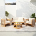 4-Piece Patio Conversation Set, All Weather Sectional Sofa Set w/ 2 Chairs, Loveseat & Table Premium, Acacia Wood Outdoor Furniture Set with Woven Rope Accents and Cushions (Teak+Beige)