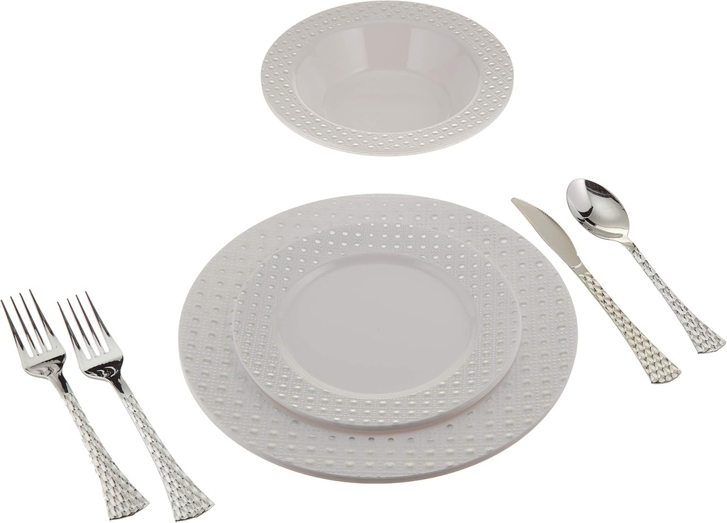 28 Piece Service for 4 Dinnerware Set. Includes 4 Large Plates, 4 Medium Plates, 4 Soup Bowls, 8 Forks, 4 Soup Spoons, 4 Knives