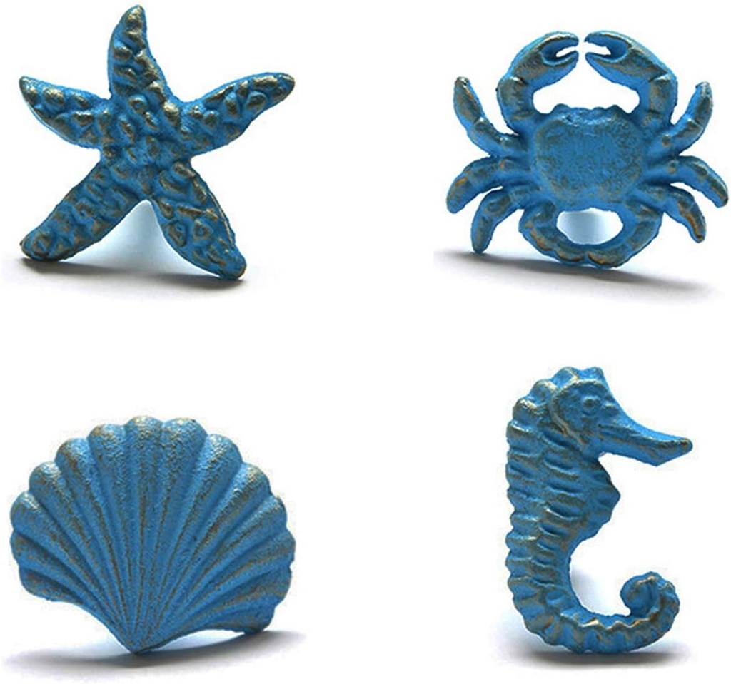 Sea Horse Starfish Seashell and Crab Drawer Pulls Handles for Dresser Cupboard Wardrobe Cabinet Kitchen Beach Ocean Theme Knobs Pack of 4 (Blue) (Blue)