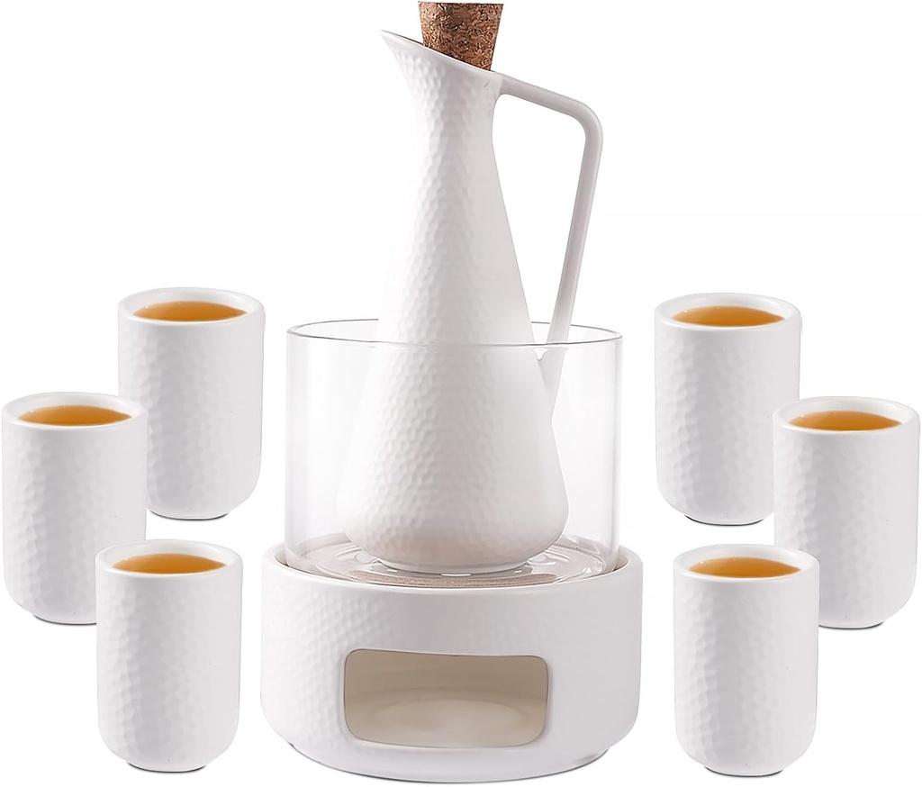 ZENS Sake Set with Warmer, 12 Ounce Embossed Ceramic Sake Bottle 6 Sake Cups and Glass Pot for Hot or Cold Japanese Sake, Sake Carafe Gift Sets with Cotton Towel