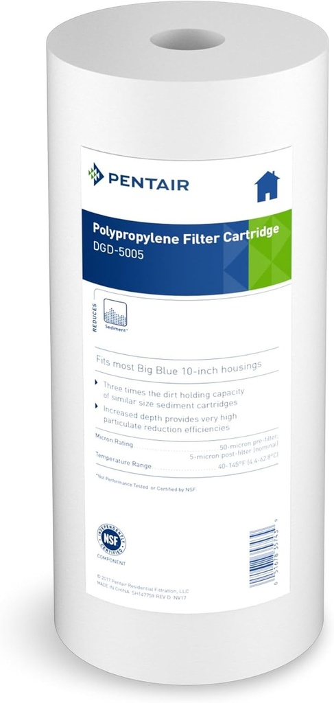 Pentair Pentek DGD-5005 Big Blue Water Filter, 10-Inch Whole House Sediment Filter Cartridge Replacement, Dual-Gradient Density Spun Polypropylene, 10" x 4.5", 5 Micron, Pack of 1
