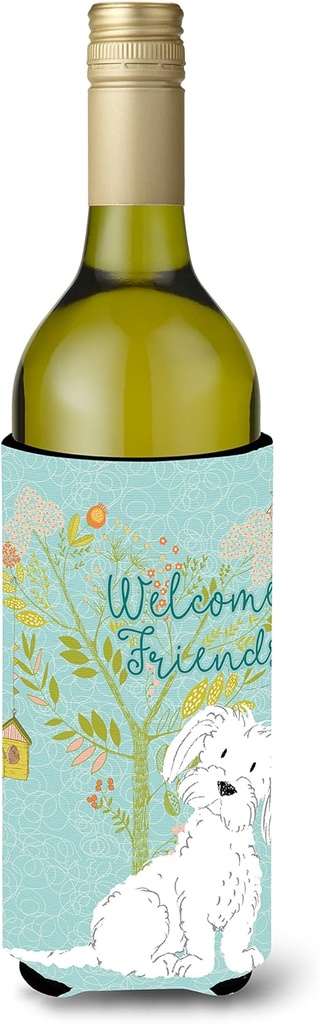 Caroline's Treasures BB7639LITERK Welcome Friends Maltese Wine Bottle Hugger Bottle Cooler Sleeve Hugger Machine Washable Collapsible Insulator Beverage Insulated Holder