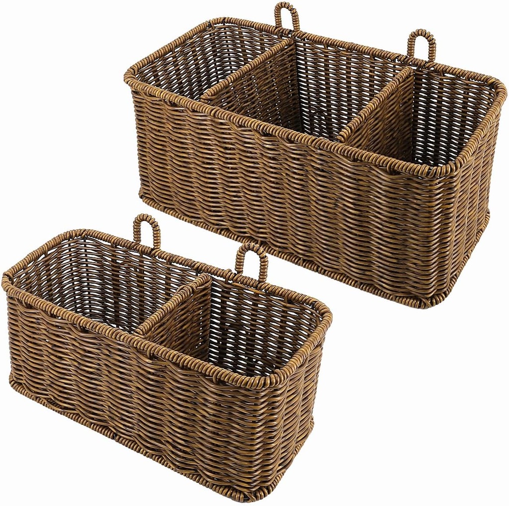 AceList Wall Hanging Basket with Compartment, Woven Hanging Storage Baskets with Hooks - Set of 2, Boho Organizer for Toilet Tank, Bathroom, Kitchen, and Pantry Decor
