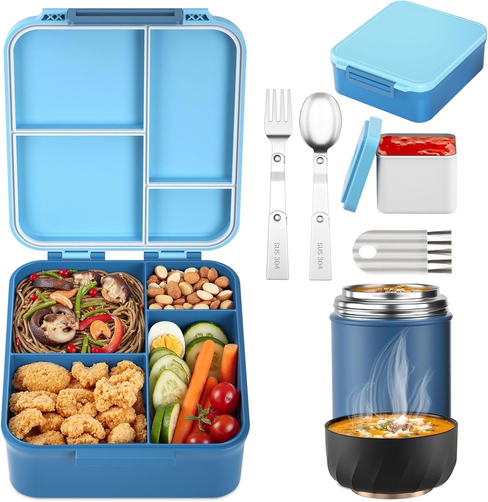 Bento Lunch Box Set for Kids with 17oz Soup Thermo, Lunch Box with Folding Fork & Spoon, Leakproof Lunch Food Containers with 4 Compartment for School, Office, Travel and Park Pinic