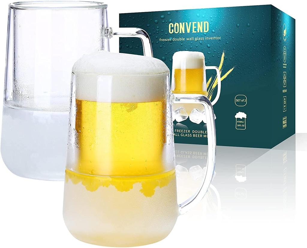 Convend Beer Mugs For Freezer,Double Wall Clear Borosilicate Glass Beer Mug with Handle,Ice Cup for Beer,Milk and Juice-16 Oz Capacity, Set of 2