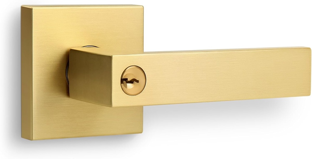 Brushed Gold Heavy Duty Keyed Entry Door Lever, Square Design Interior/Exterior Door Lever with Keys and Lock, Reversible Handle for Entrance and Front Door Lock, Satin Brass