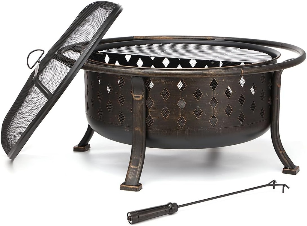 [BRSROAL3DEFAM3DH] 36 Inch Fire Pits for Outside Outdoor Wood Burning Firepit with BBQ Grate Large Heavy Duty Steel Firepit Bowl Bonfire Pit for Patio Backyard Garden Camping