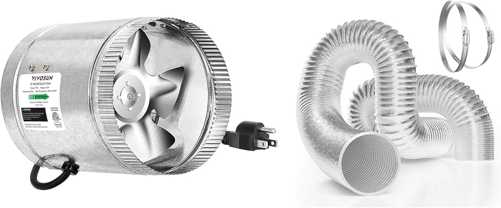 VIVOSUN 6 Inch Inline Duct Fan 240 CFM and 6 Inch 25 Feet Flex Air Aluminum Duct for Ventilation, 2 Clamps Included, Long Heavy-Duty Multi-Layer Dryer Hose Vent Kit, Duct Fan Systems