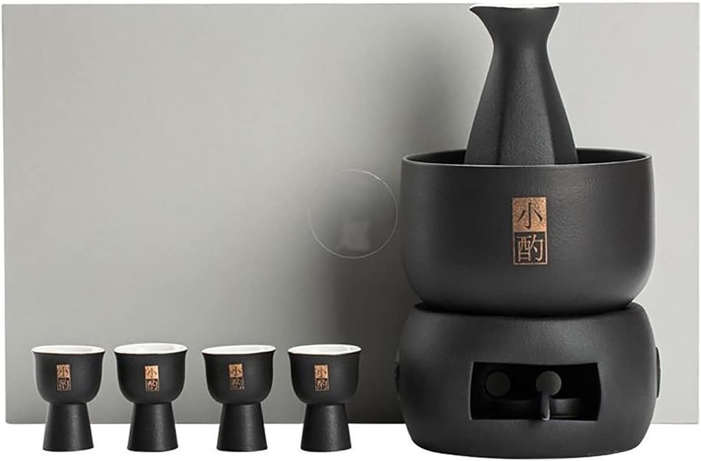 Traditional Ceramic Sake Warmer Set – Black Pottery Shochu Sake Set with 4 Cups, Warming Pot, and Candle Stove for Hot or Cold Sake
