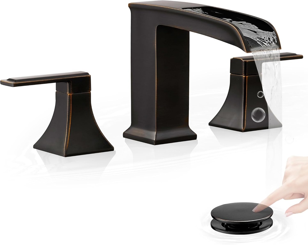 Oil Rubbed Bronze Bathroom Faucet 3 Hole, 4-16 Inch Brass Waterfall Faucet for Bathroom Sink, 2 Handle Vanity Bathroom Faucets with Pop-up Drain and Supply Hoses