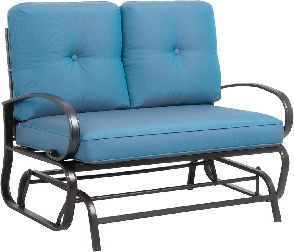 Shintenchi Metal Outdoor Patio Swing Glider Bench, Loveseat Rocking Chair, Wrought Iron Patio Furniture Steel Frame Glider Chair with Cushion for Porch, Balcony, Garden(Blue)