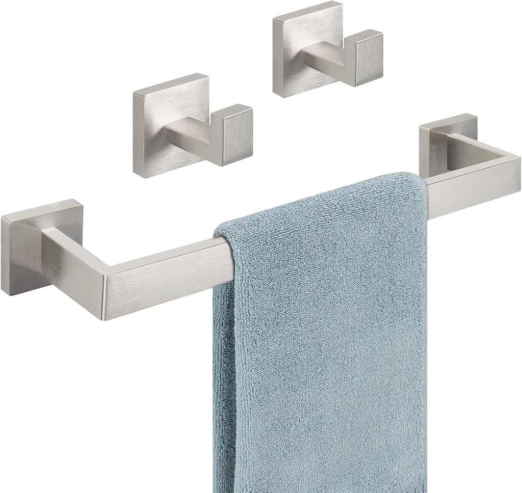 HarJue 3 Piece Bathroom Hardware Accessories Set, 16 Inch Bath Towel Bar and 2 Towel Hooks, Stainless Steel Towel Rack Wall Mounted (Brushed Nickel)