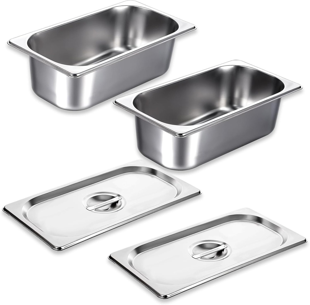 2 Pack 1/3 Size Hotel Pans with Lids, 3-5/8" Depth, 22 Gauge Steam Table Pan, Stainless Steel Counter pan, Food Service Pan for Kitchen