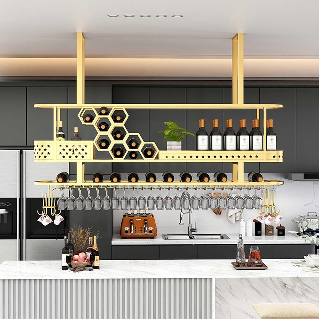 3 Layers Wine Glass Rack Adjustable Height,Hanging Wine Glass Holder,Vintage Wine Bottle Holder,Ceiling Decoration Wine Glass Rack for Kitchen & Bar