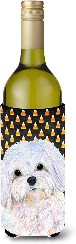 Caroline's Treasures SS4275LITERK Maltese Candy Corn Halloween Portrait Wine Bottle Hugger Bottle Cooler Sleeve Hugger Machine Washable Collapsible Insulator Beverage Insulated Holder