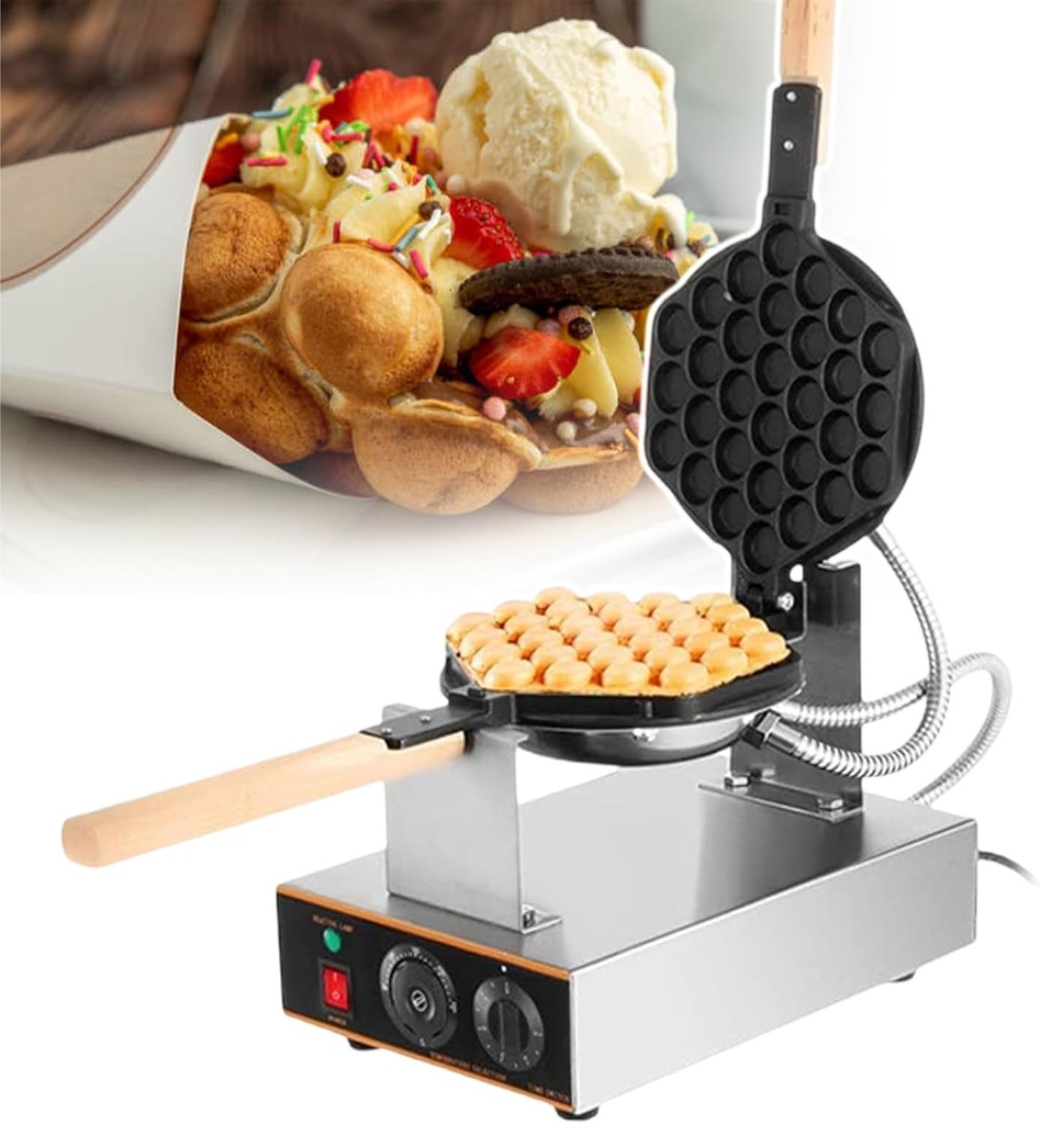 Bubble Waffle Maker, 1400 W Commercial Egg Puff Waffle Iron Machine with Wooden Handles, Egg Waffle Maker for Breakfast Lunch Household Cake Shop,SingleHead