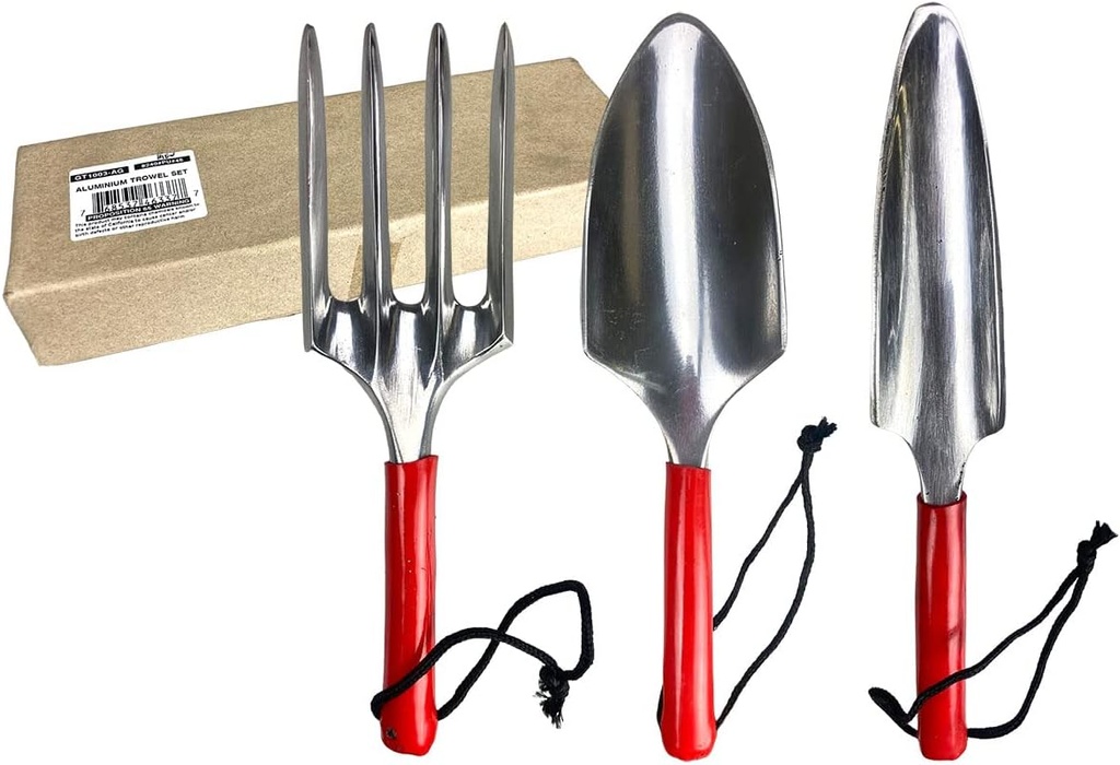 HOMEGARDEN Deluxe Gardening Hand Tool Set | 3-Piece Collection | Hand Fork, Trowel & Transplant Trowel | Steel Finish with Vibrant Red Handles