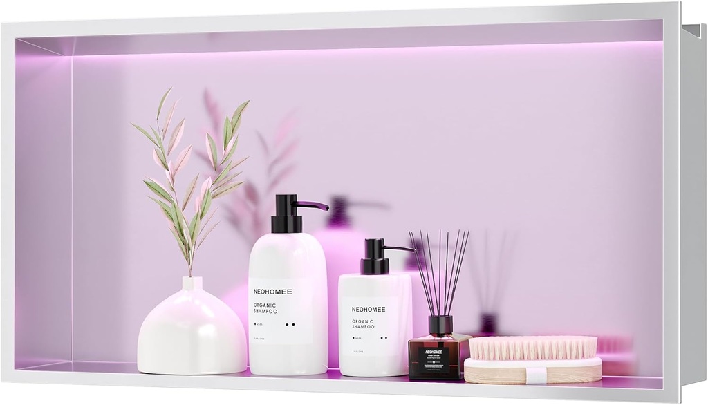 RGB LED Light Shower Niche, Brushed 24X12 in Stainless Steel Wall Niche with Remote Control, Waterproof No Tile Needed Wall Niche for Bathroom Storage Built-in Installation