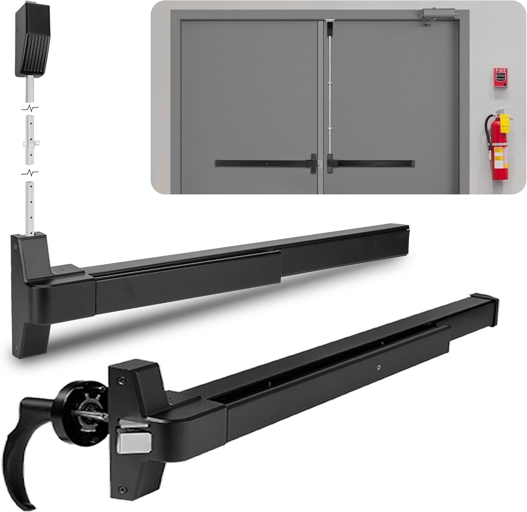 IRONWALLS 32” Door Push Bar Panic Exit Device with Exterior Door Lever and 27.5” Panic Bar with Vertical Rod for Double Doors, Commercial Emergency Exit Door Panic Hardware, Black