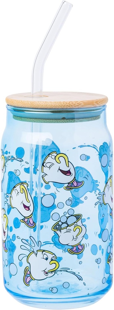 Silver Buffalo Disney Beauty and the Beast Featuring Chip Teacup Blue Glass Jar Tumbler with Bamboo Lid and Glass Straw, 16 Ounces