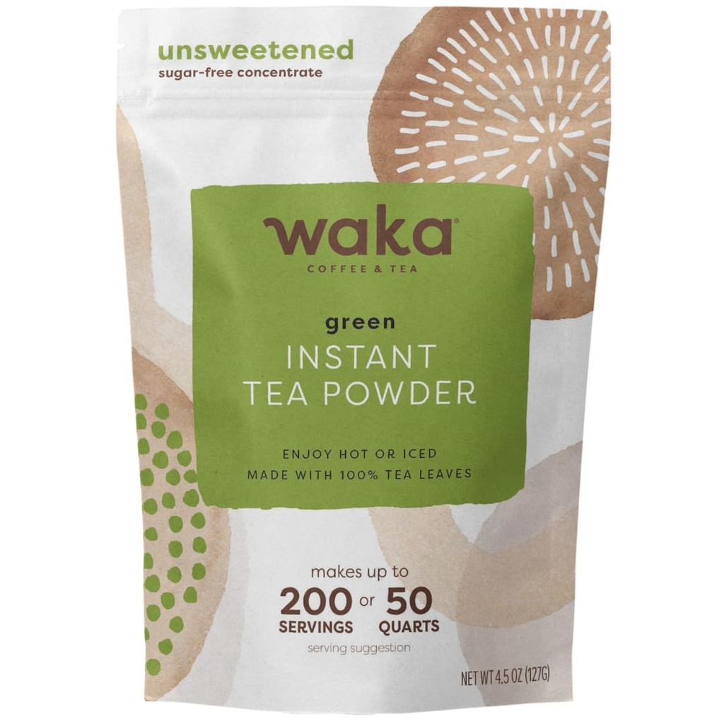 Waka Instant Green Tea Mix, Classic - 100% Tea Leaves, No Additives, Unsweetened Tea Powder for 50 Quarts or 200 Cups – Easy Quick Hot and Iced Teas (4.5oz)
