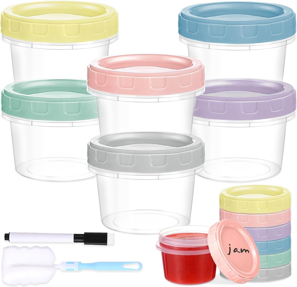 6pcs 4 oz Plastic Containers with Screw Lids, Reusable 1/2 Cup Small Food Storage Containers, Leakproof, Microwave Dishwasher Freezer Safe, with Pen and Brush