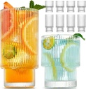Small 8 Pack Drinking Glasses, 4pcs Highball Glasses (11oz) & 4pcs Rocks Glasses (6oz), Vintage Glass Cups, Elegant Ribbed Glassware, Iced Coffee Glasses, Glass Tumbler for Cocktail, Whiskey, Juice