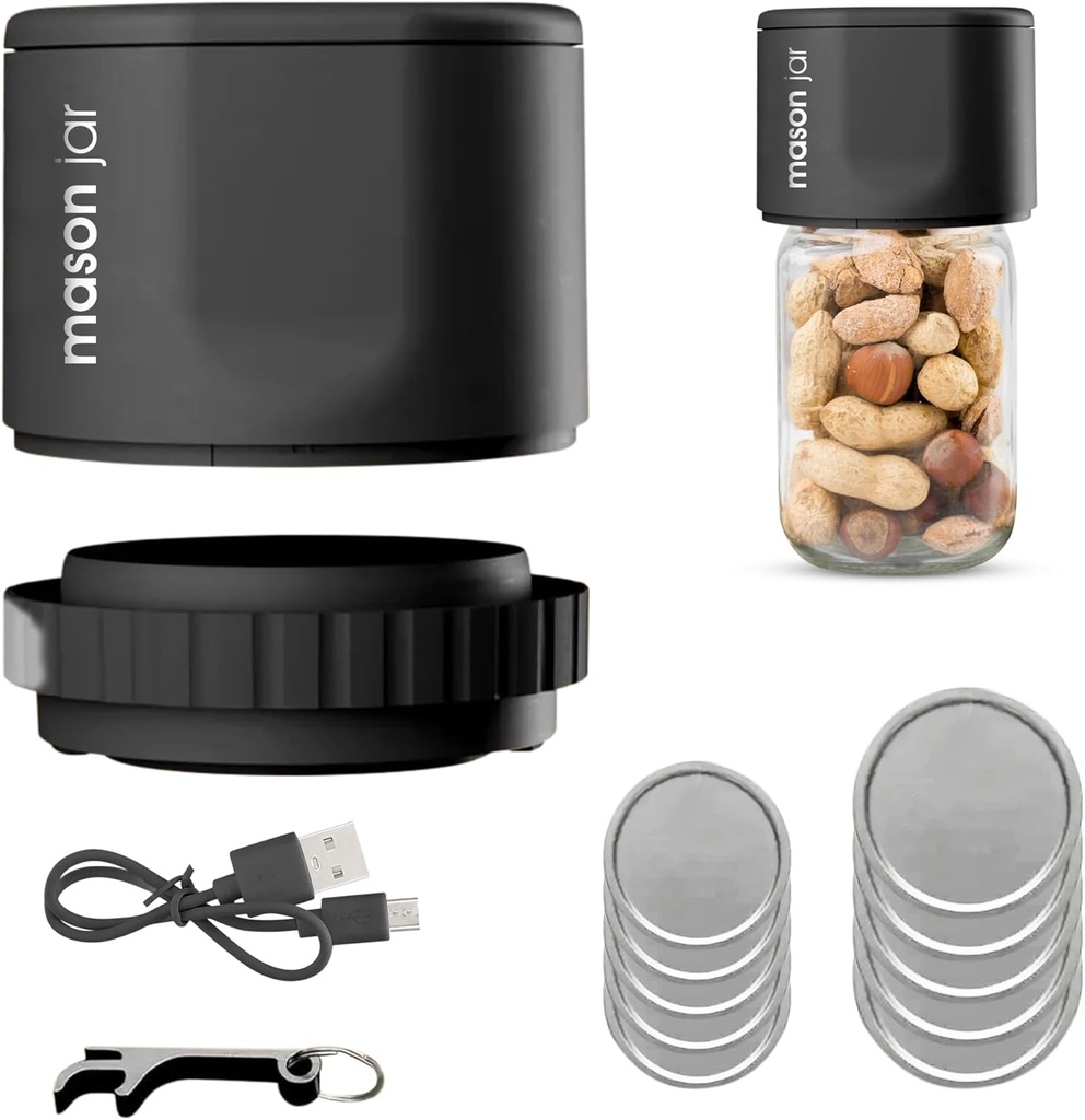 Mason Jar Electric Vacuum Sealer Kit - Jar Sealer with 10 Lids, Charger, and Lid Opener Included
