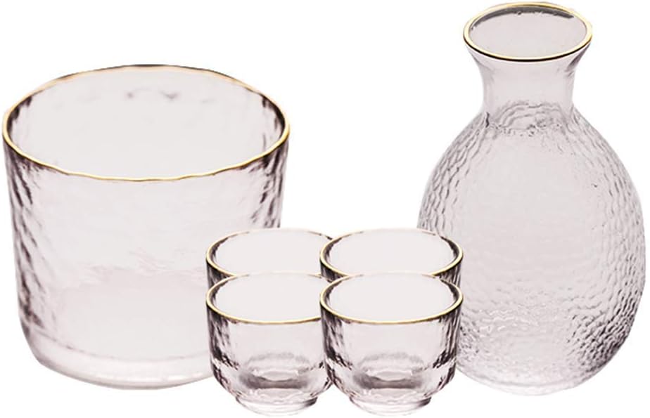 6-Piece Glass Sake Set, Japanese Style Sake Set with Warmer Pot, Unique Hammer Texture Design, for Cold/Warm/Hot Sake/Shochu/Tea-Combination Sets