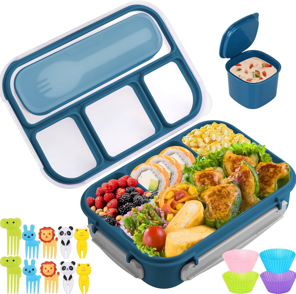 Bento Box, Lunch Box Kids, 1300ML Bento Box Adult Lunch Box with 4 Compartment&Food Picks Cake Cups, Lunch Box Containers for Adults/Kids/Toddler, Leak-Proof, Microwave/Dishwasher/Freezer Safe(Blue)