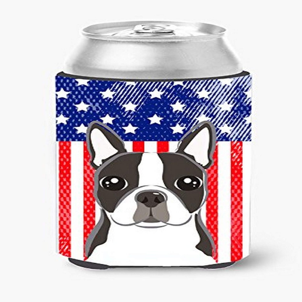 Caroline's Treasures BB2133CC American Flag and Boston Terrier Can or Bottle Hugger Cooler Washable Drink Sleeve Collapsible Beverage Insulated Holder, Can Hugger, Multicolor