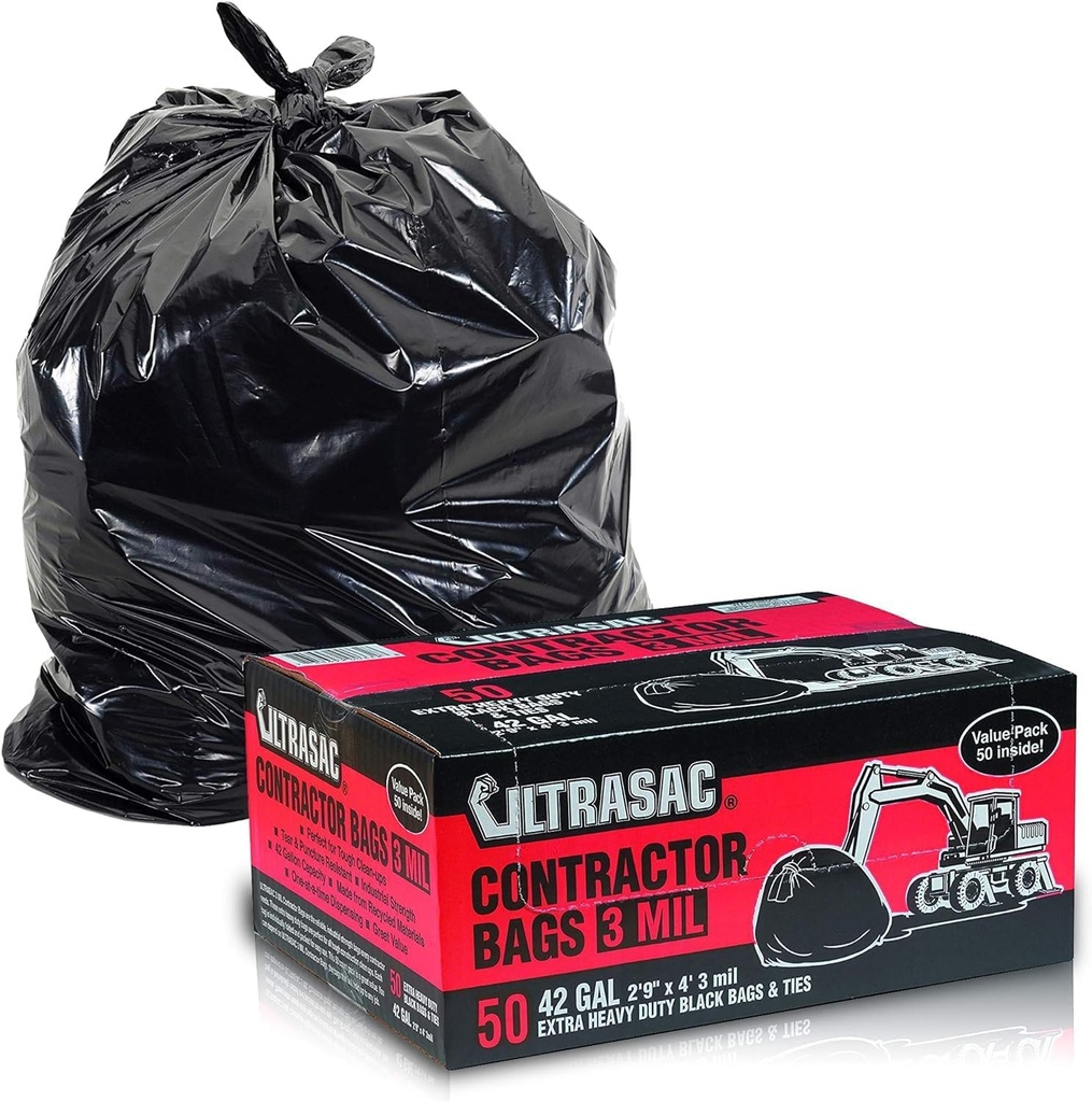 Ultrasac Heavy Duty Contractor Bags (VALUE 50 PACK/w TIES), 42 Gallon, 32.75" X 47" - 3 MIL Thick Large Black Industrial Garbage Trashbags for Construction and Commercial use