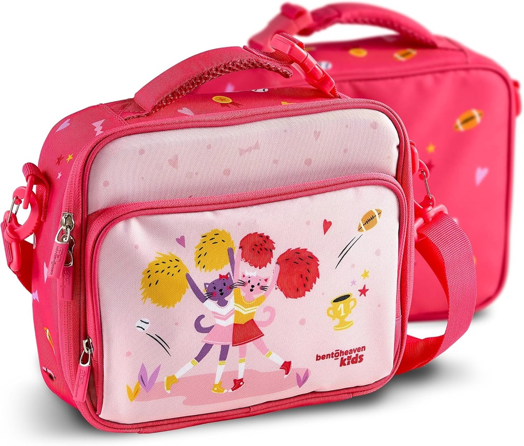 Bentoheaven Insulated Lunch Bag for Kids, Girls & Boys - Large Size Fits Bento Lunch Box, Water Bottle & Snacks - Durable, Easy to Clean, Leakproof - Adjustable Shoulder Strap, Zipper Pockets (Pink)