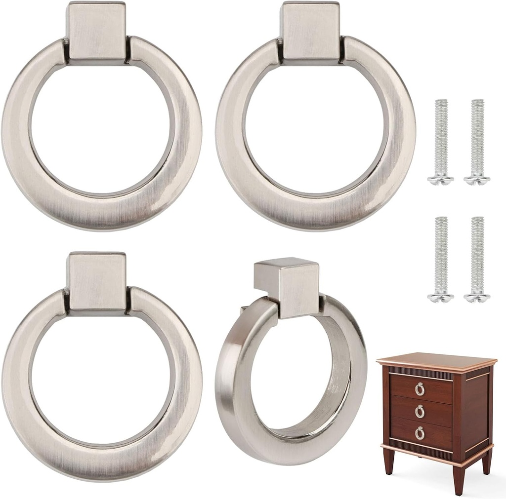 Drop Ring Drawer Pulls Antique Round Cabinet Ring Pulls Dresser Brushed Gold Cabinet Pulls for Furniture Hardware Cupboard Closet Door Handle 4Pcs (Gray)
