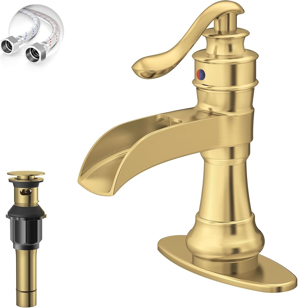 Brushed Gold Bathroom Faucet, Waterfall Bathroom Sink Faucet, 1 Hole Single Handle Farmhouse Lavatory Vanity Deck Mount Vintage with Pop Up Drain with Overflow Parts Mixer Tap