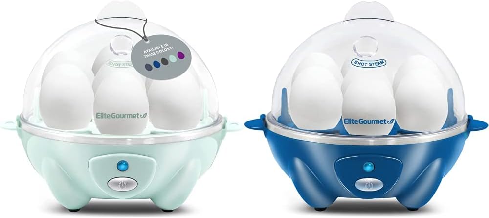 Elite Gourmet EGC007M# Rapid Egg Cooker, 7 Easy-To-Peel, Hard, Medium, 16-Recipe Booklet, Mint & EGC700BL Rapid Egg Cooker, 7 Easy-To-Peel, Hard, Medium, Soft Boiled Eggs, Poacher, Omelet Maker, Ocean