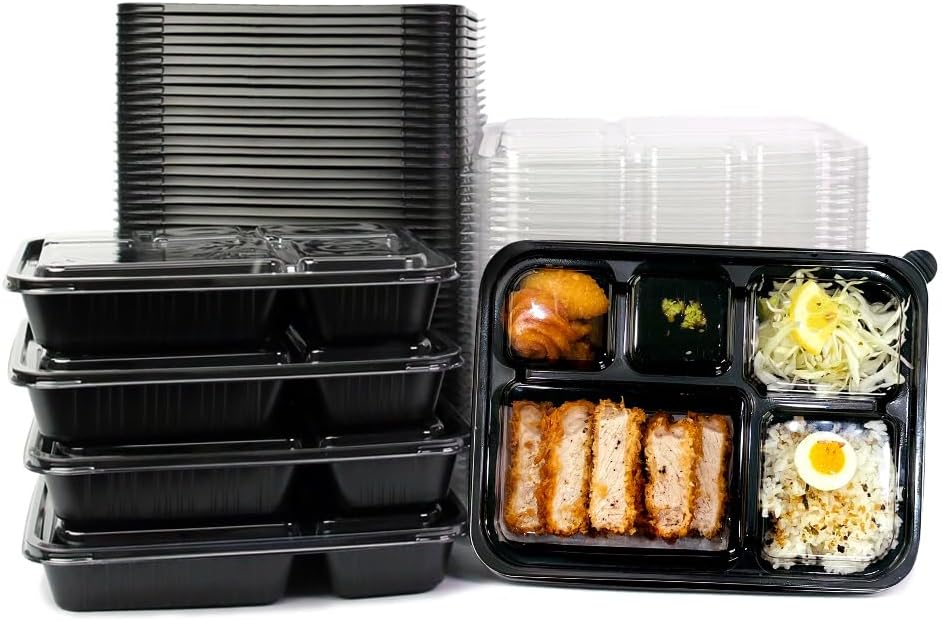 5 Compartment Meal Prep Containers With Lids - (50 Pack) Plastic Food Bento Boxes Stackable Reusable Disposable Microwaveable Safe