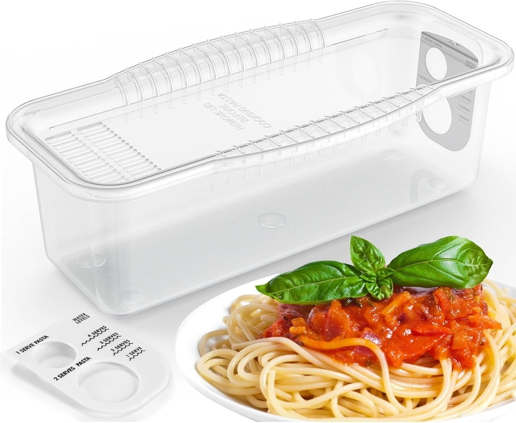 Potahouse® Microwave Pasta Cooker with Strainer Lid, Quick Cooking in 10-15 Min Spaghetti Cooker Microwave Steamer for Dorm Kitchen Offices College Essentials, Clear