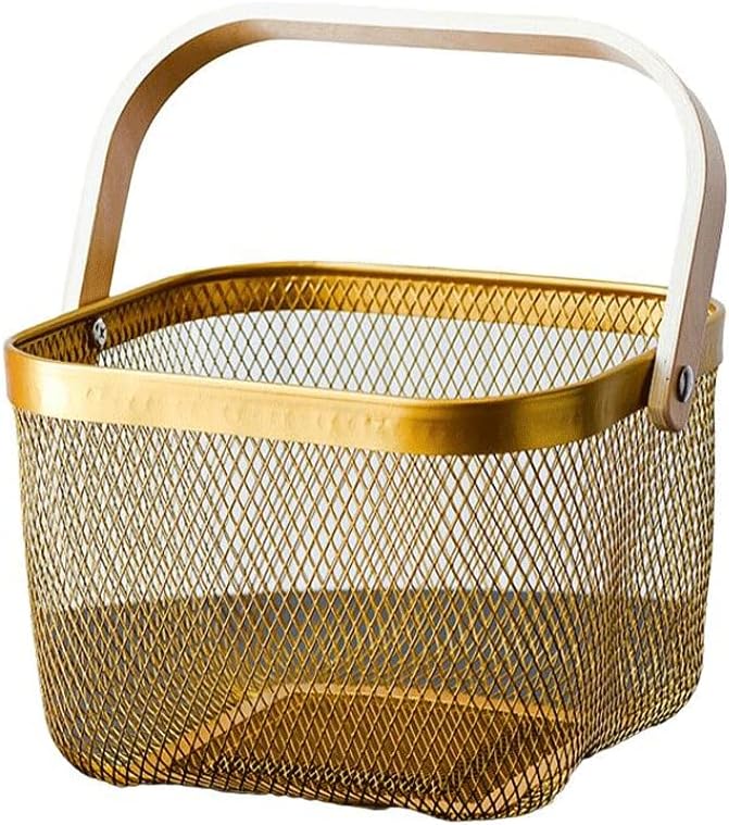 Metal Mesh Steel Basket, Storage Organizer Multi-Functional Hanging Kitchen Baskets Fruit Basket Solutions Square Bin with Handle for Kitchen Bathroom Picnic Shopping Cabinet Home (Golden)
