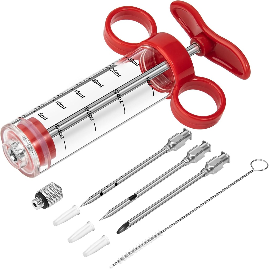 Kingsmile Meat Injector, Turkey Injector Syringe - 3 Needles for BBQ Grill, 1oz Meat Injector Syringe, Injector Marinades for Meats, Meat Injectors for Smoking 1 Cleaning Brush Easy to Use & Clean Red