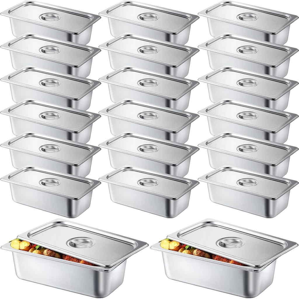 Zubebe 16 Pack Hotel Pan with Lid 4 Inch Deep Steam Table 0.9 mm Thick Stainless Steel Anti Steam Commercial Food Pans for Restaurant Buffet Event Catering Supplies(1/3 Size x 4 Inch Deep)