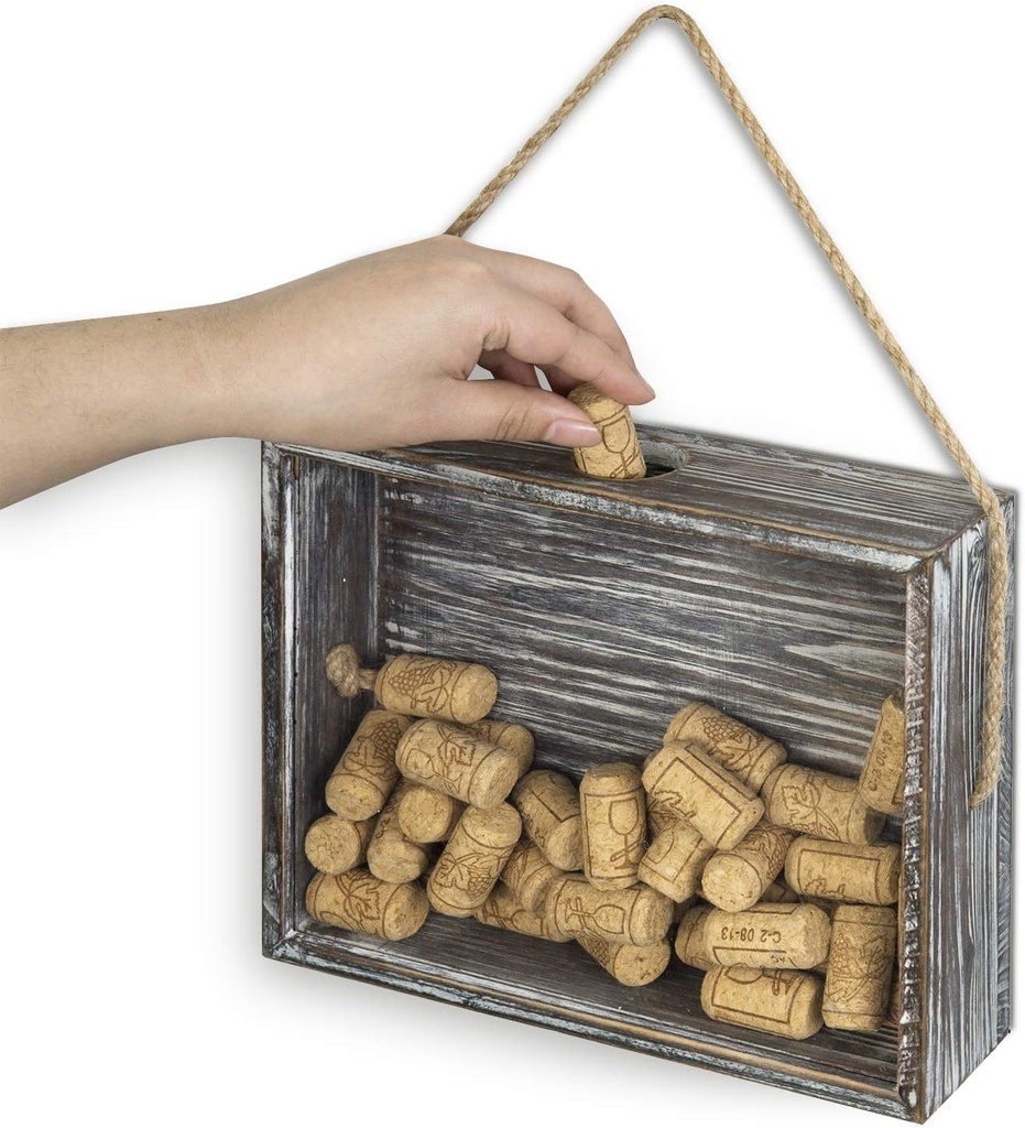 MyGift Wall Mounted Torched Wood Wine Cork Holder Decor, Beer Bottle Cap Holder Catcher, Decorative Shadow Box with Hanging Rope